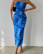 Dress with rose print, pleats, lacing, and open back