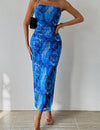 Dress with rose print, pleats, lacing, and open back