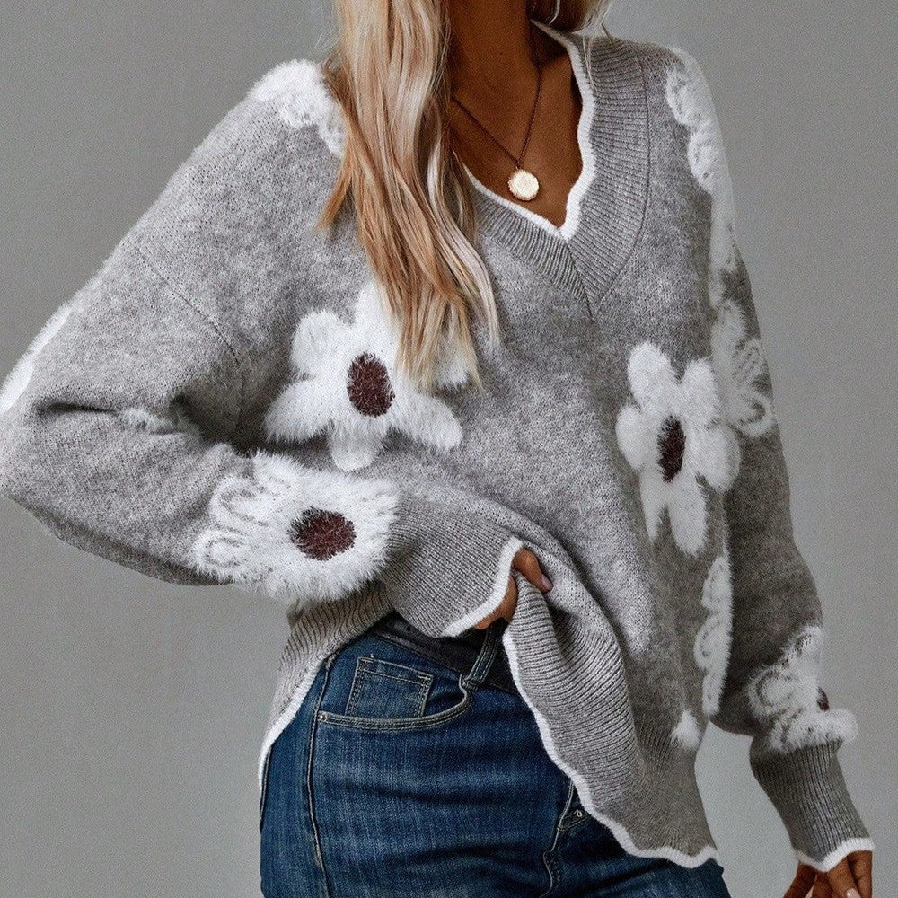 THEA | ELEGANT V-NECK SWEATER WITH FLORAL PRINT