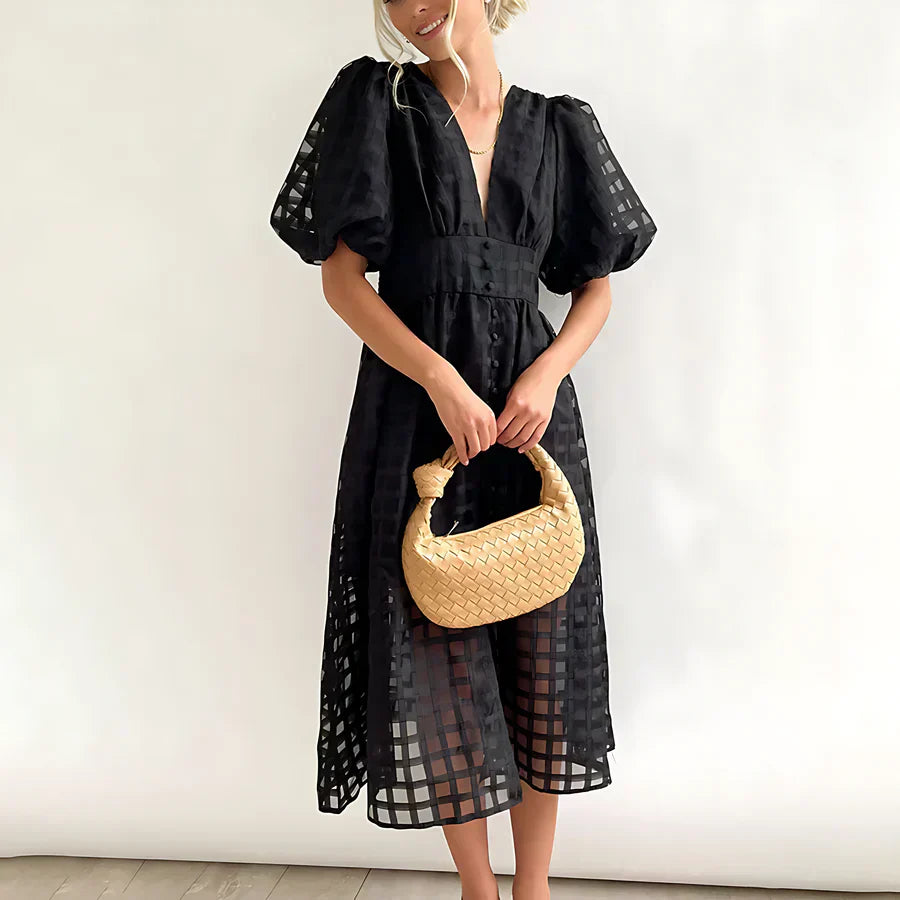 Cindy - Classic midi dress with pattern and puff sleeves