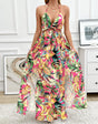 Dress with floral print and chain details, thigh slit and bow
