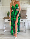 Dress with floral print and chain details, thigh slit and bow