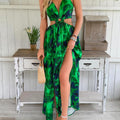 Dress with floral print and chain details, thigh slit and bow