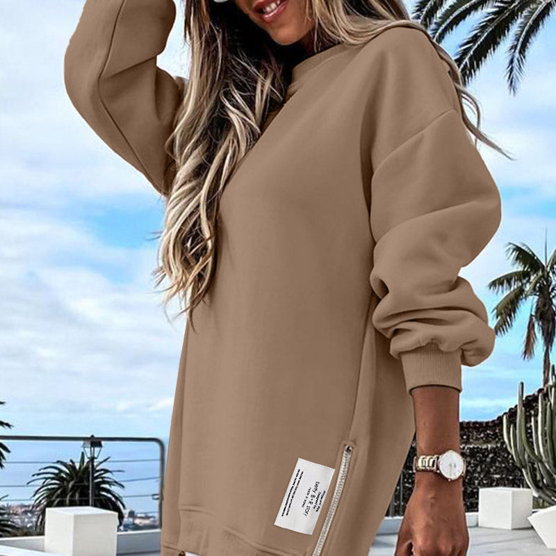 Long-sleeved, zip-up, slit top, casual sweatshirt dress