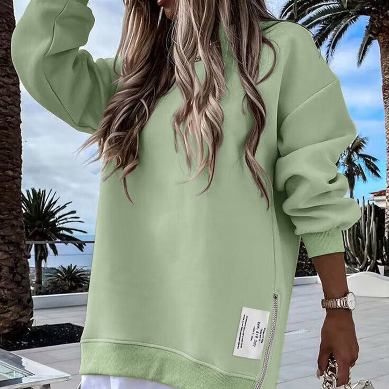 Long-sleeved, zip-up, slit top, casual sweatshirt dress
