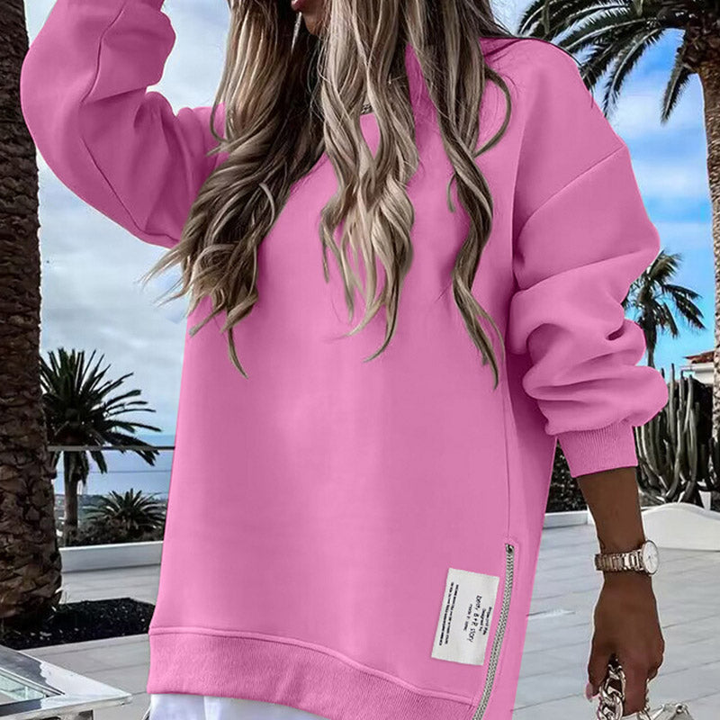 Long-sleeved, zip-up, slit top, casual sweatshirt dress