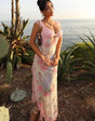 Maxi dress with floral lace and deep V-neck