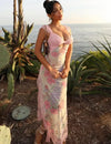 Maxi dress with floral lace and deep V-neck