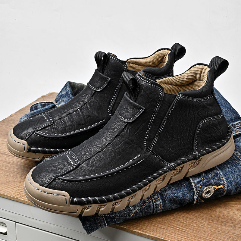 Retro leather men's boots with zipper, designed for comfort and waterproof, suitable for all seasons.