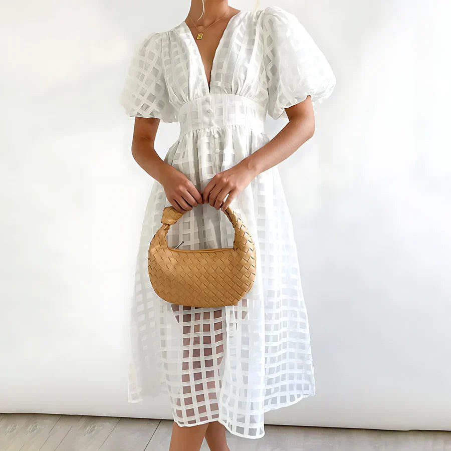 Cindy - Classic midi dress with pattern and puff sleeves