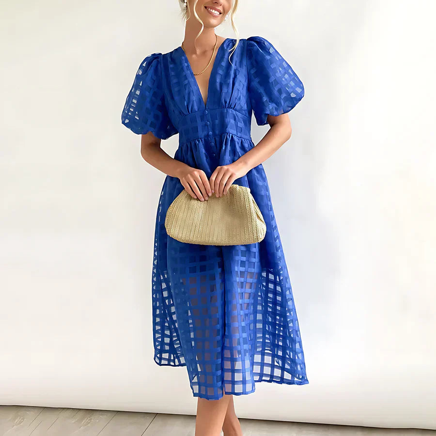 Cindy - Classic midi dress with pattern and puff sleeves