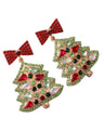 Christmas earring with gemstones in the shape of a Christmas tree in red, gold, and green.