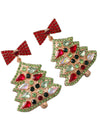 Christmas earring with gemstones in the shape of a Christmas tree in red, gold, and green.