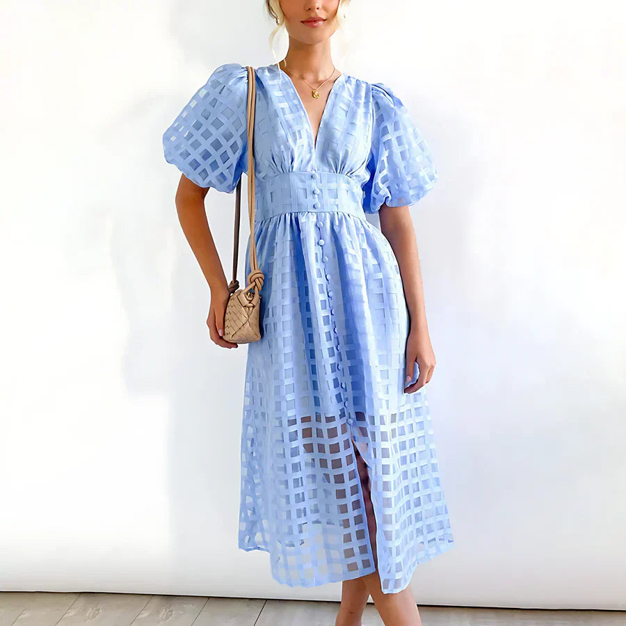 Cindy - Classic midi dress with pattern and puff sleeves