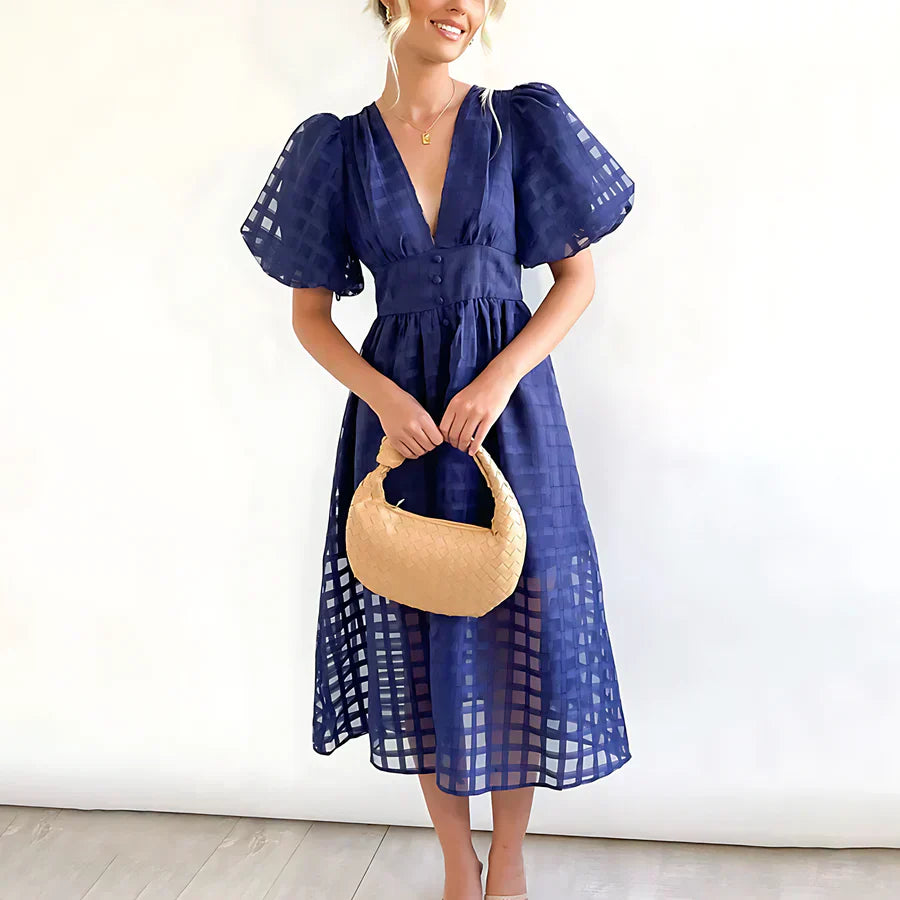 Cindy - Classic midi dress with pattern and puff sleeves