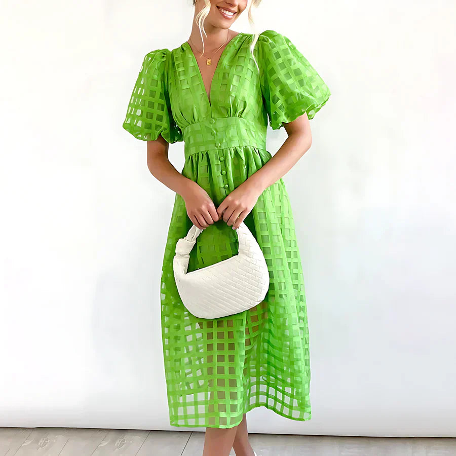 Cindy - Classic midi dress with pattern and puff sleeves