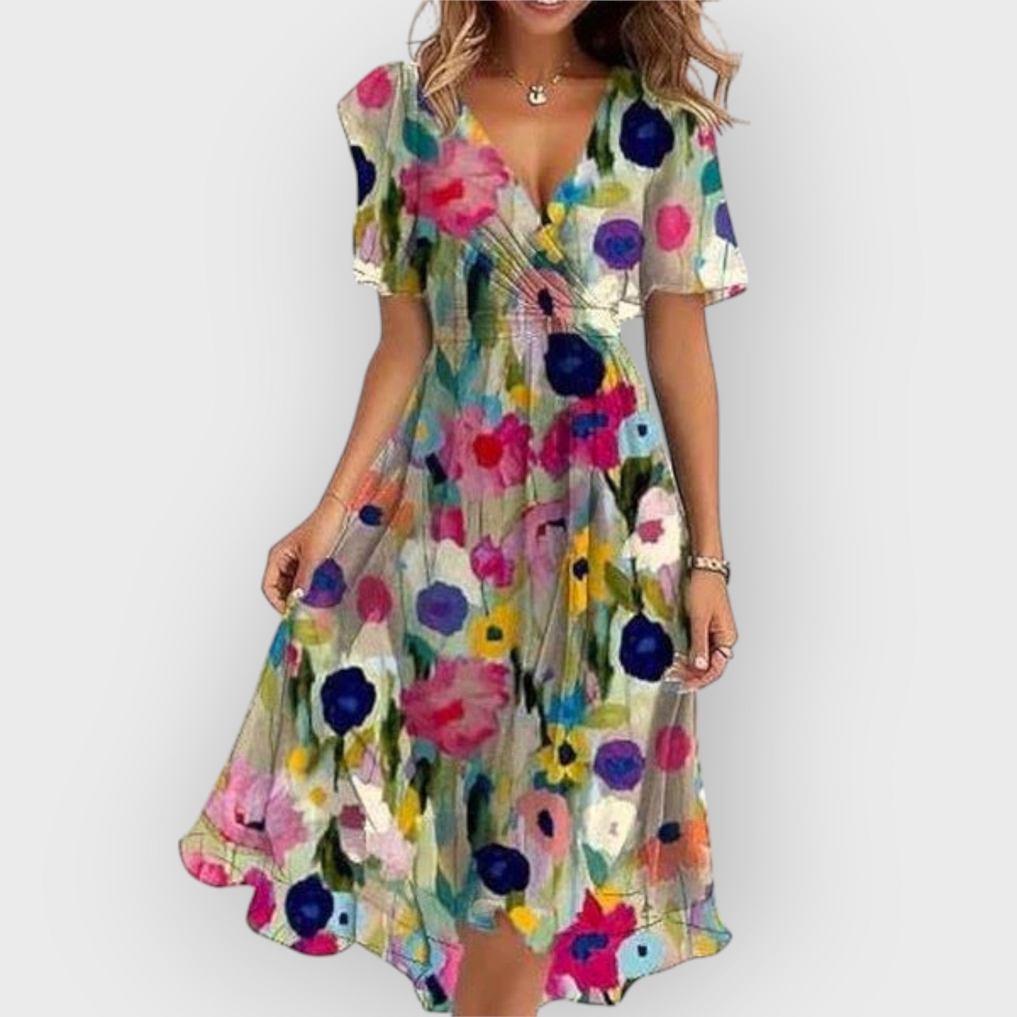 Daisy | Stylish V-Neck Floral Print Midi Dress