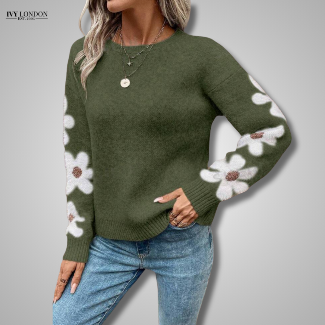 ALISON | ELEGANT KNITTED SWEATER WITH FLORAL PRINT AND TUMMY COVERAGE