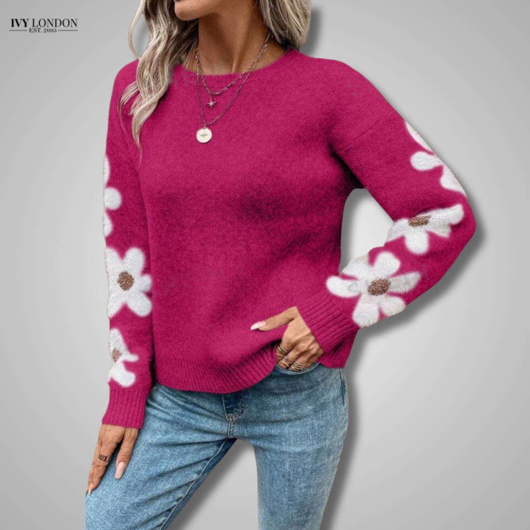 ALISON | ELEGANT KNITTED SWEATER WITH FLORAL PRINT AND TUMMY COVERAGE