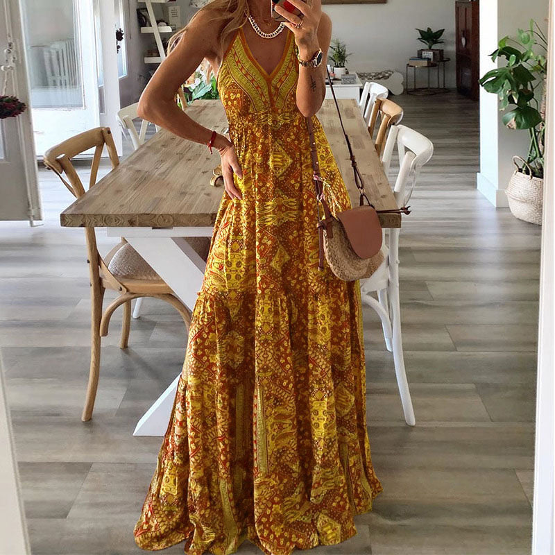 Wren - Boho maxi dress with spaghetti straps and V-neck