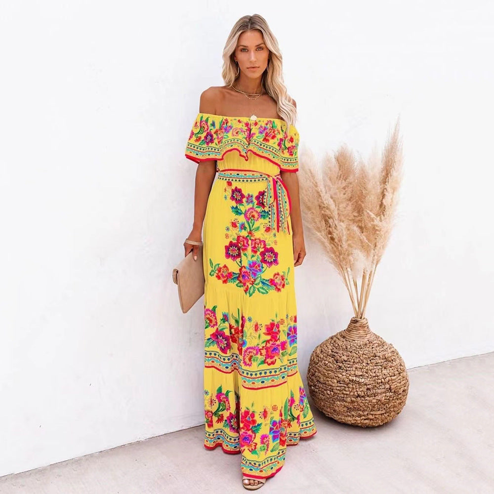 Oceana - Long printed dress with lace-up waist