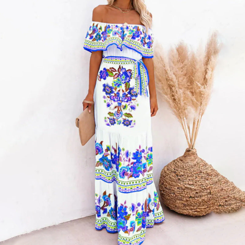 Oceana - Long printed dress with lace-up waist