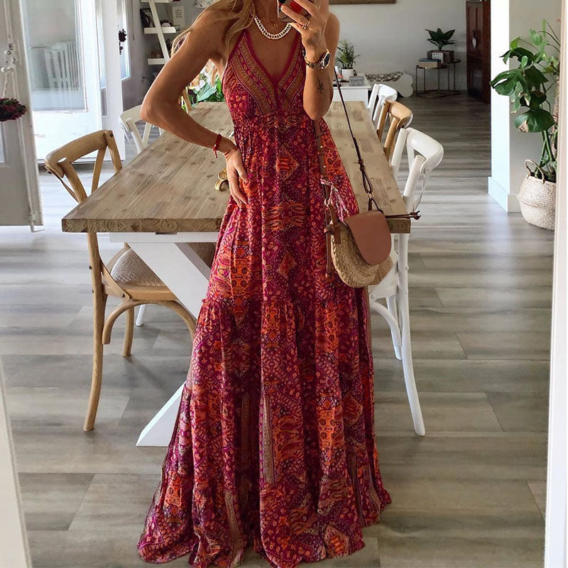 Wren - Boho maxi dress with spaghetti straps and V-neck