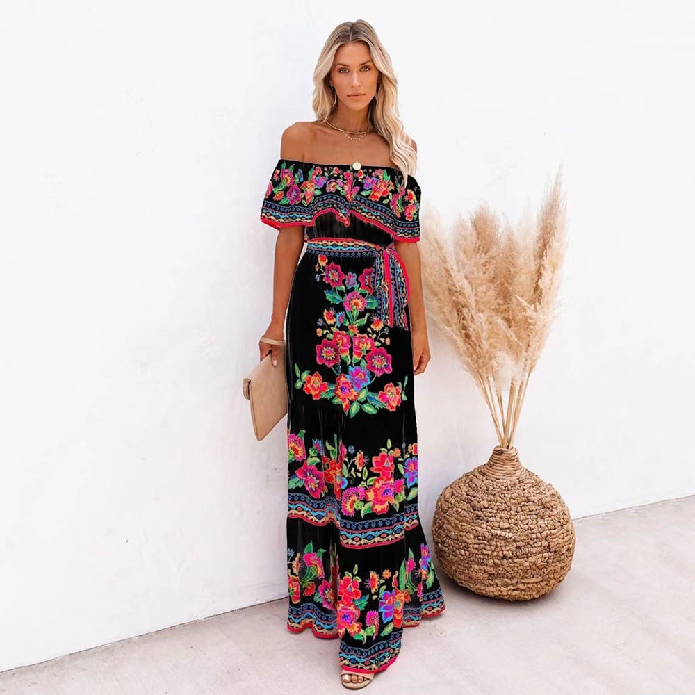 Oceana - Long printed dress with lace-up waist