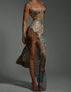 Midnight blue chiffon leopard print and lace maxi dress