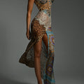 Midnight blue chiffon leopard print and lace maxi dress