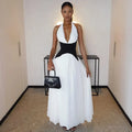 Vierra Luxe™ - Deep V-neck color block halter dress