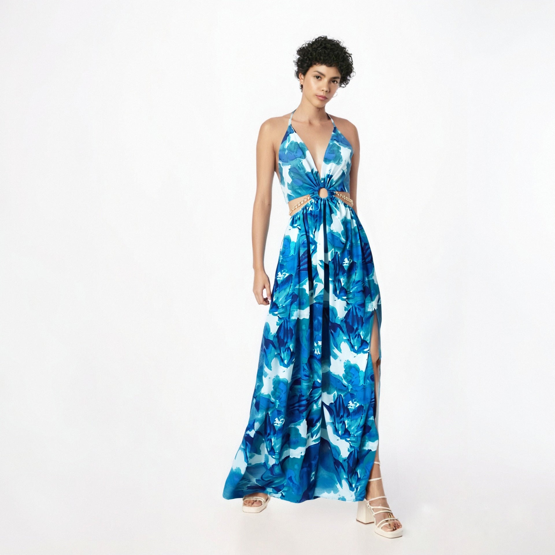 Dress with floral print and chain details, thigh slit and bow