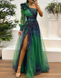 Judith - Trendy One-Shoulder Mesh Print Maxi Dress