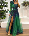 Judith - Trendy One-Shoulder Mesh Print Maxi Dress