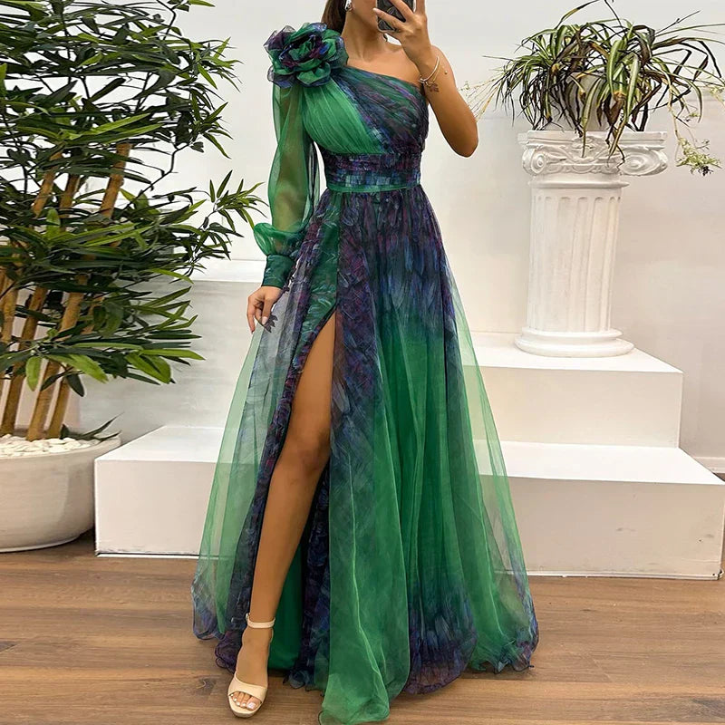Judith - Trendy One-Shoulder Mesh Print Maxi Dress