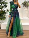 Judith - Trendy One-Shoulder Mesh Print Maxi Dress