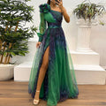 Judith - Trendy One-Shoulder Mesh Print Maxi Dress