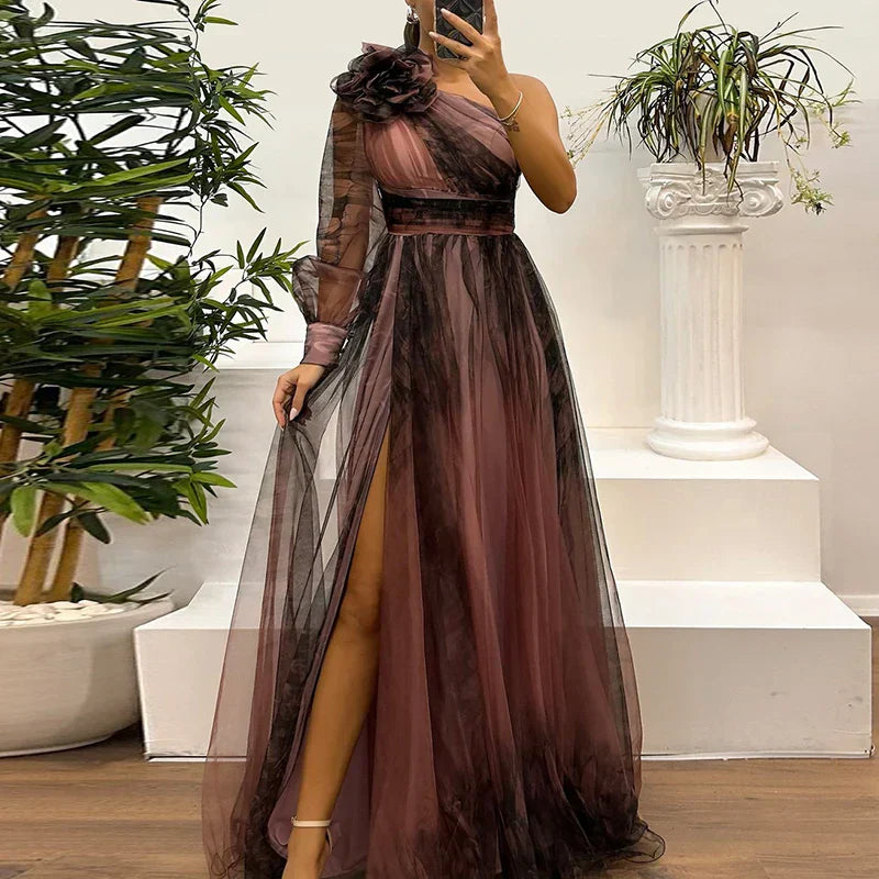 Judith - Trendy One-Shoulder Mesh Print Maxi Dress
