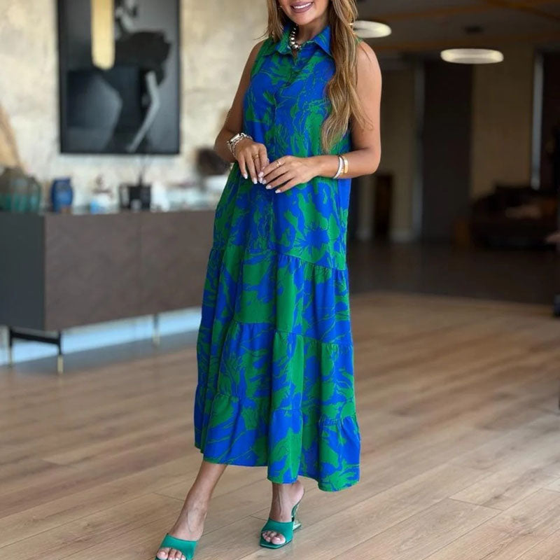 Dress with pleats and pockets in Serenity print
