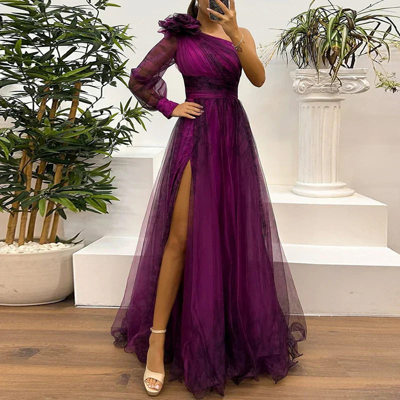 Judith - Trendy One-Shoulder Mesh Print Maxi Dress