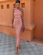 Irmgardi - Colorful dress with an asymmetrical neckline