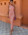 Irmgardi - Colorful dress with an asymmetrical neckline