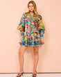 Retro pleated dress with ruffled trim