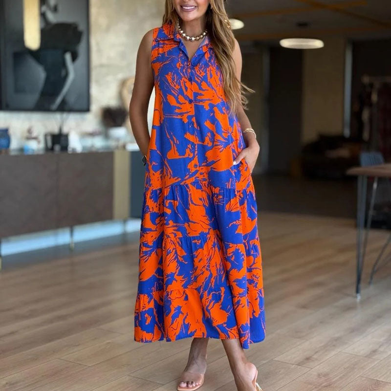 Dress with pleats and pockets in Serenity print