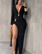 Elegant, form-fitting maxi dress with a deep V-neck, long sleeves, and pleats