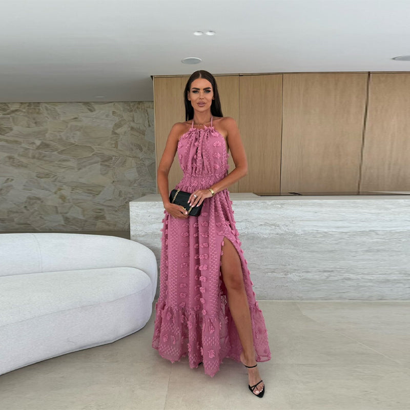 Aurora Grace - Halterneck Mesh Floral Maxi Dress
