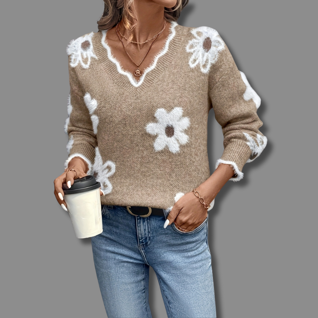 THEA | ELEGANT V-NECK SWEATER WITH FLORAL PRINT