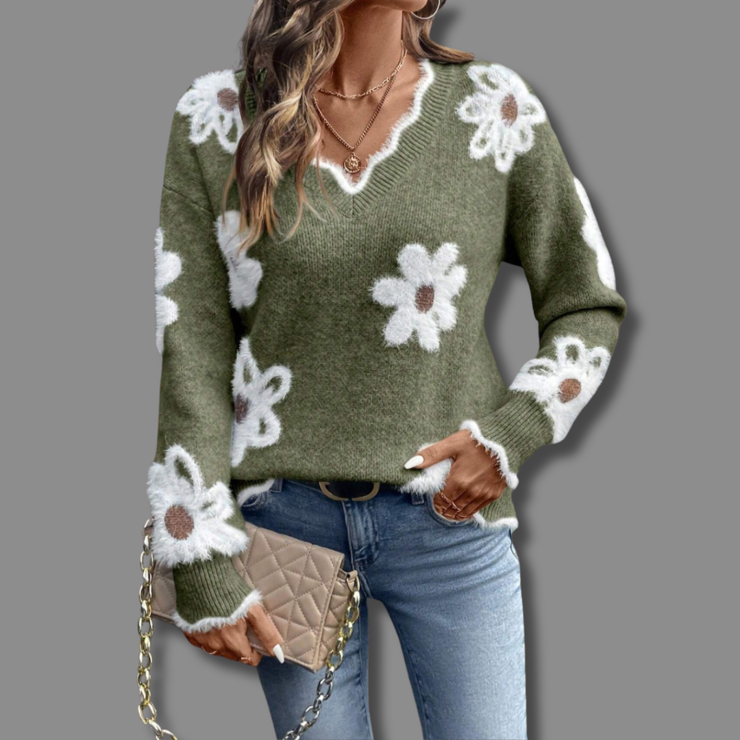 THEA | ELEGANT V-NECK SWEATER WITH FLORAL PRINT