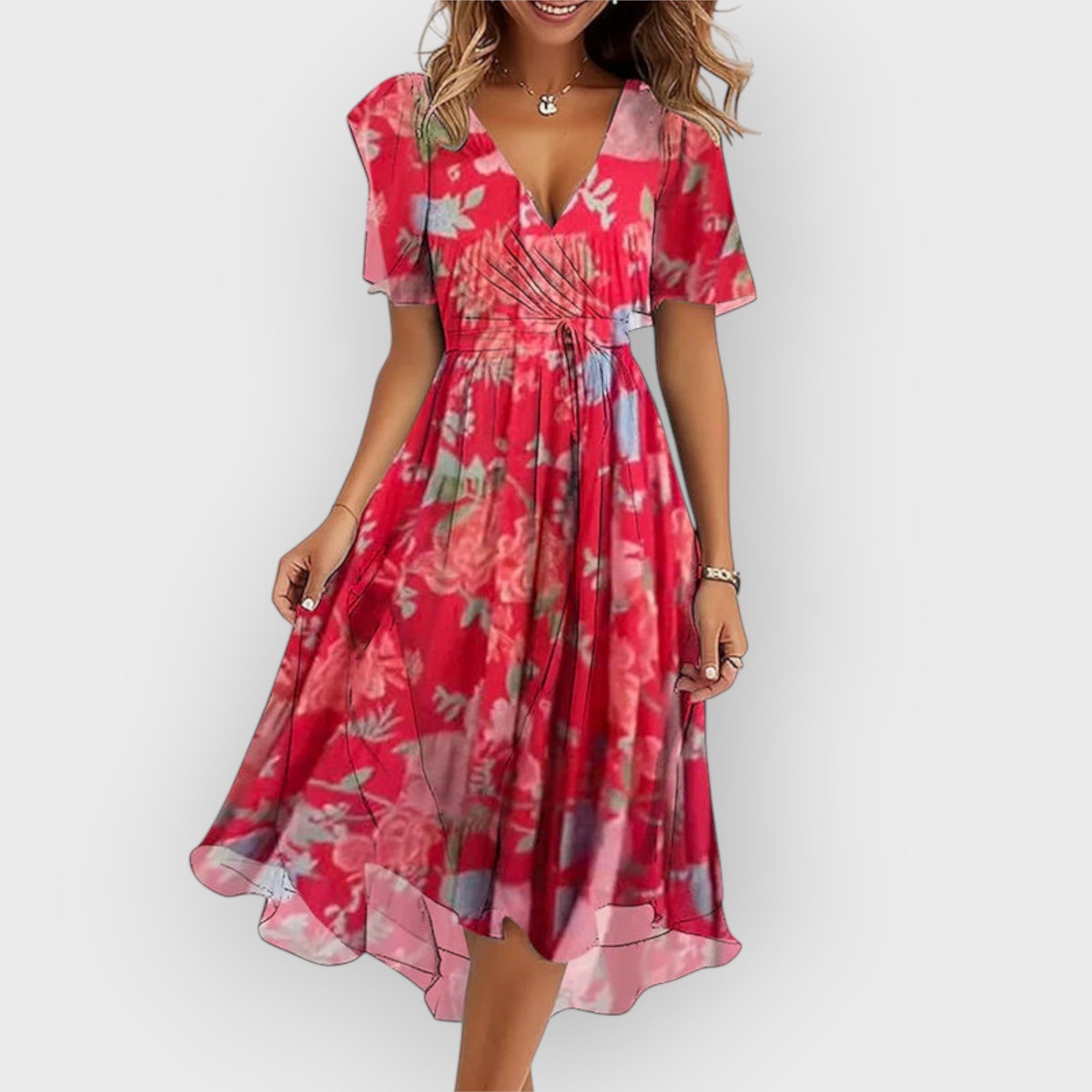 Daisy | Stylish V-Neck Floral Print Midi Dress