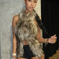 Open-back halter top with faux fur